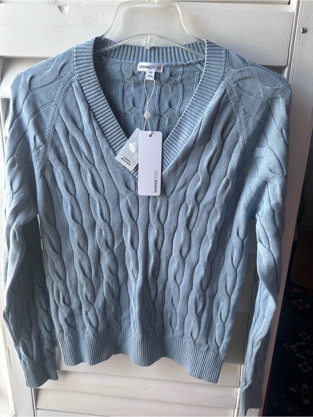 Minnie Rose Powder Blue Cable Knit V-Neck Sweater